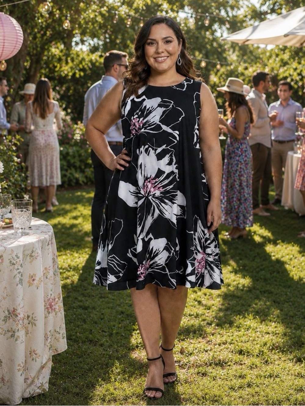 Anne Klein Sleeveless Black Floral Swing Dress with Pink Accents
